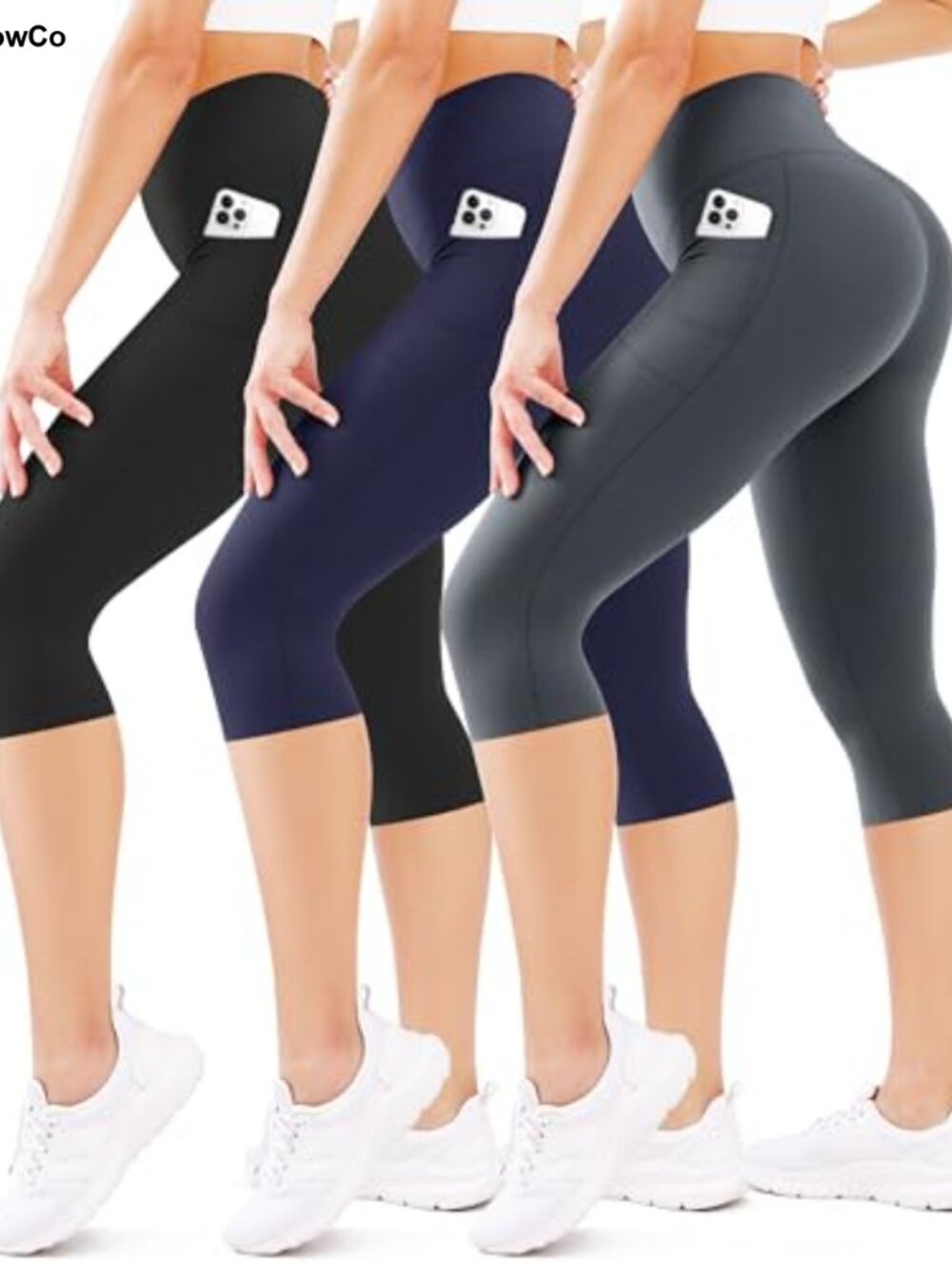 3 Pack High Waist Tummy Control Capri Leggings Yoga Pants with Pockets